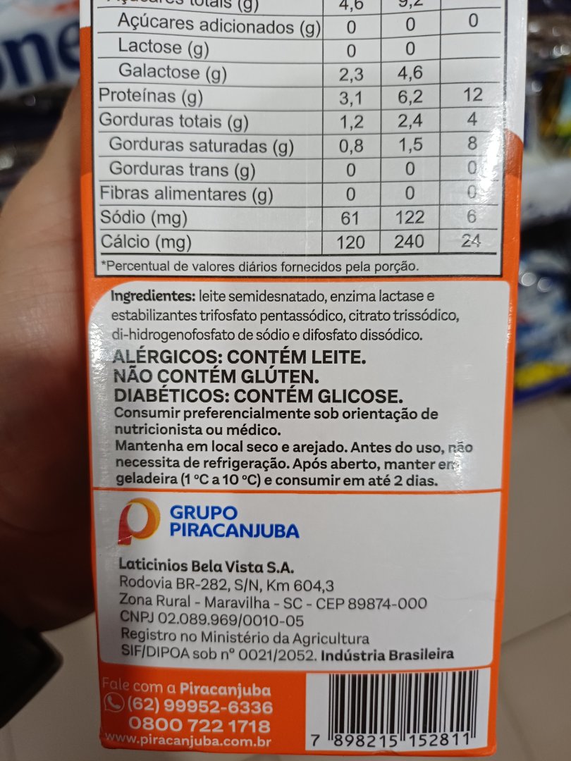 Leite Semidesnatado Zero Lactose Piracanjuba