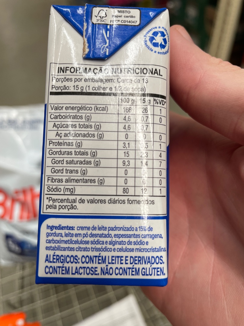 Creme de Leite Leve 15% de Gordura