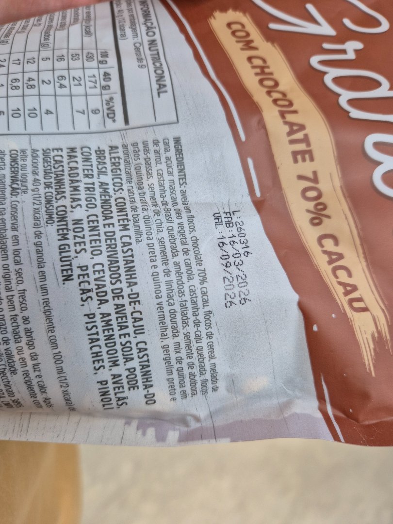 Granola com Chocolate 70% Cacau