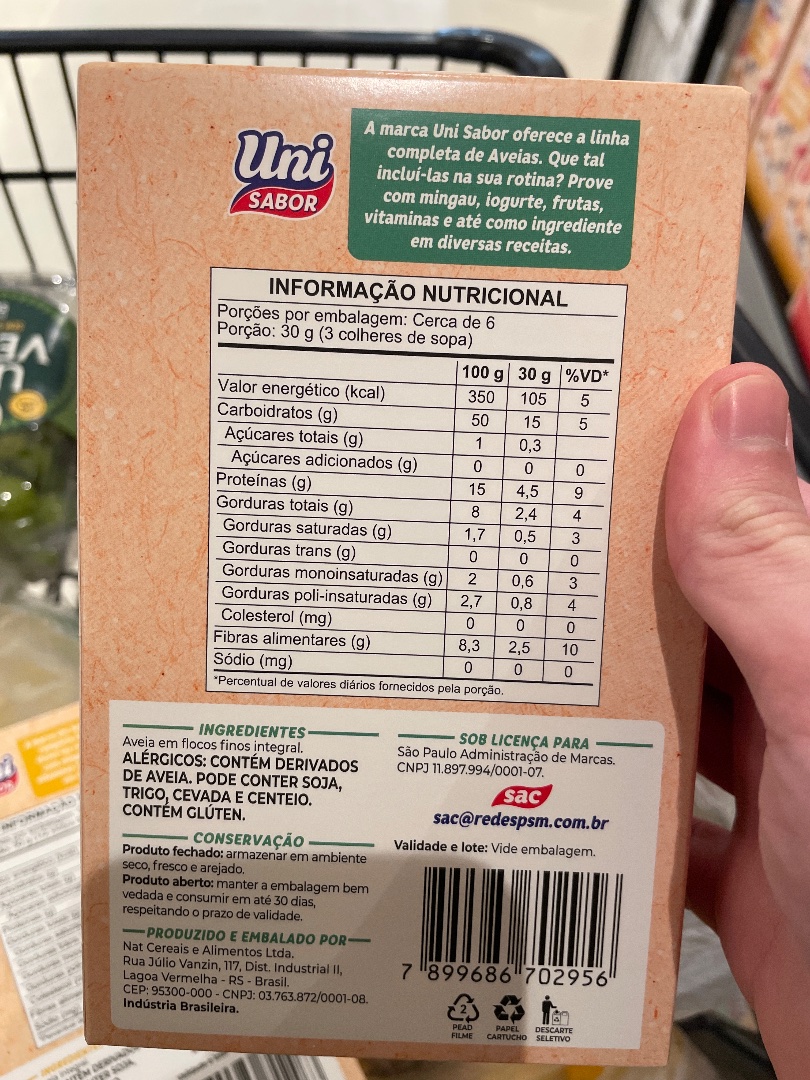 Aveia em Flocos Finos Integral Uni Sabor
