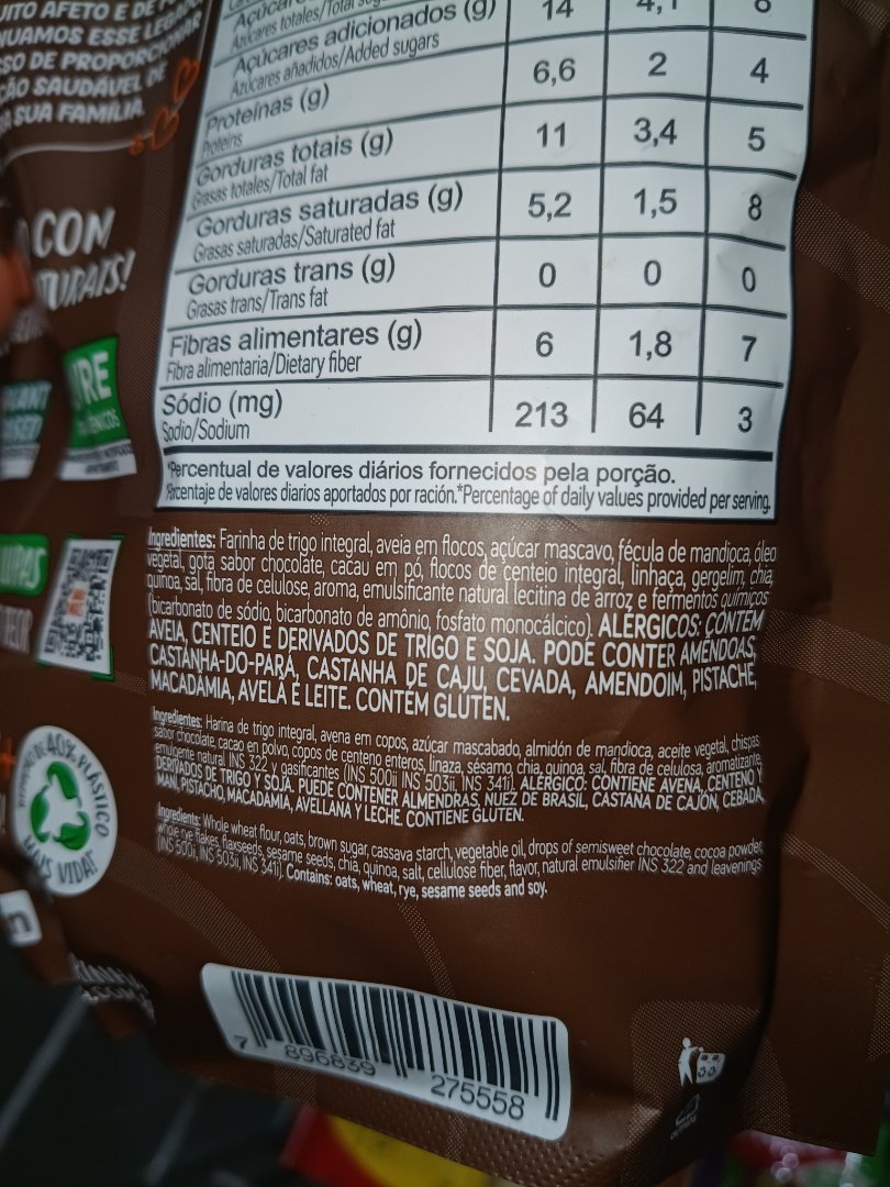 Biscoito Integral com Gotas Sabor Chocolate