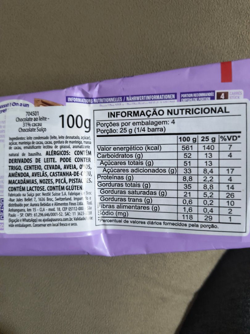 Chocolate ao Leite 31% Cacau Chocolate Suíço