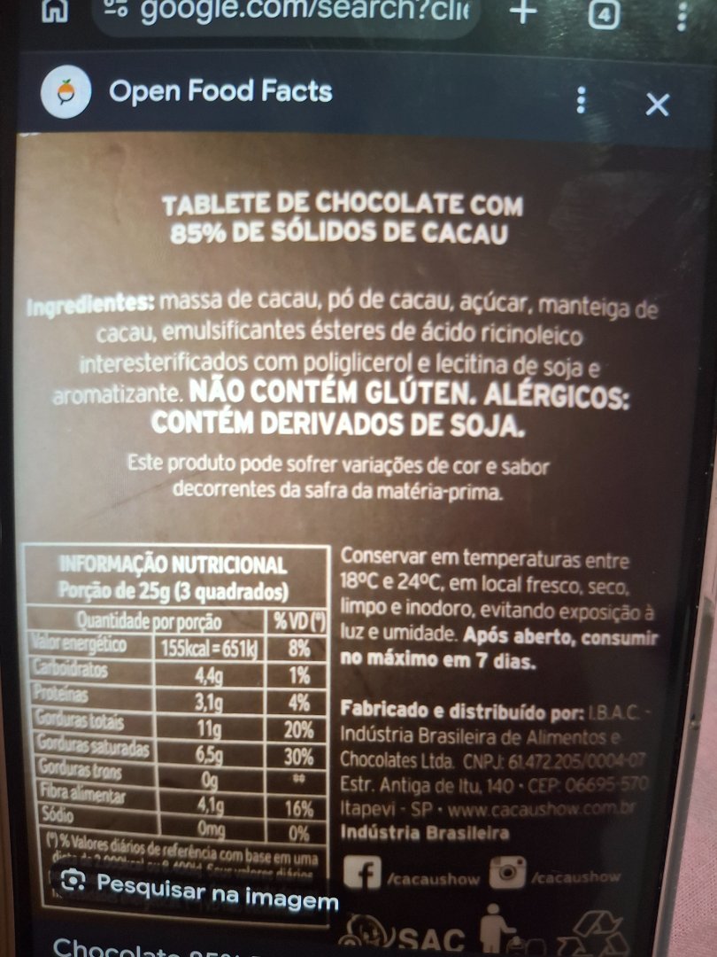 Tablete de Chocolate com 85% de Sólidos de Cacau
