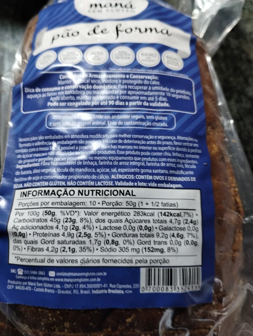 Pão de Forma Sem Glúten Maná